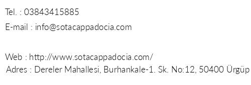 Sota Cappadocia Cave Hotel telefon numaralar, faks, e-mail, posta adresi ve iletiim bilgileri